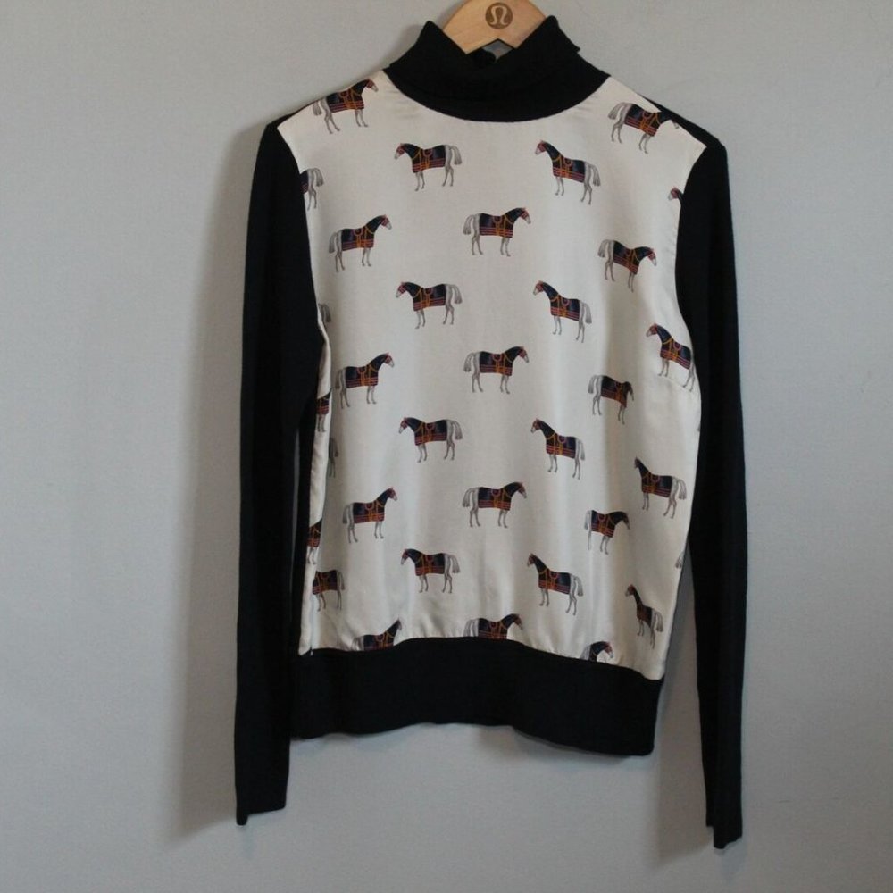 Tory Burch Etty Horse Pony Print Silk & Wool Lightweight Sweater Medium H11972 - Picture 2 of 12